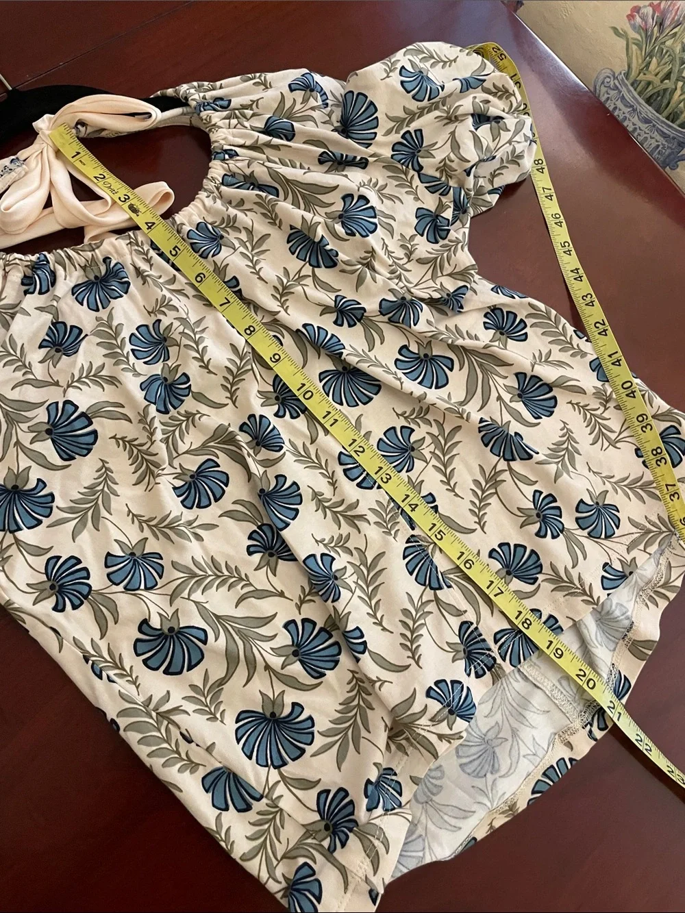 LOFT Outlet Cream Blouse with Blue Floral Print Scoop and Bow Back